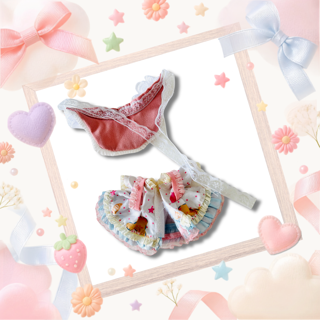 A Labubu doll dress set back view. A pale blue and pink ruffled Lolita dress and Bonnet. 