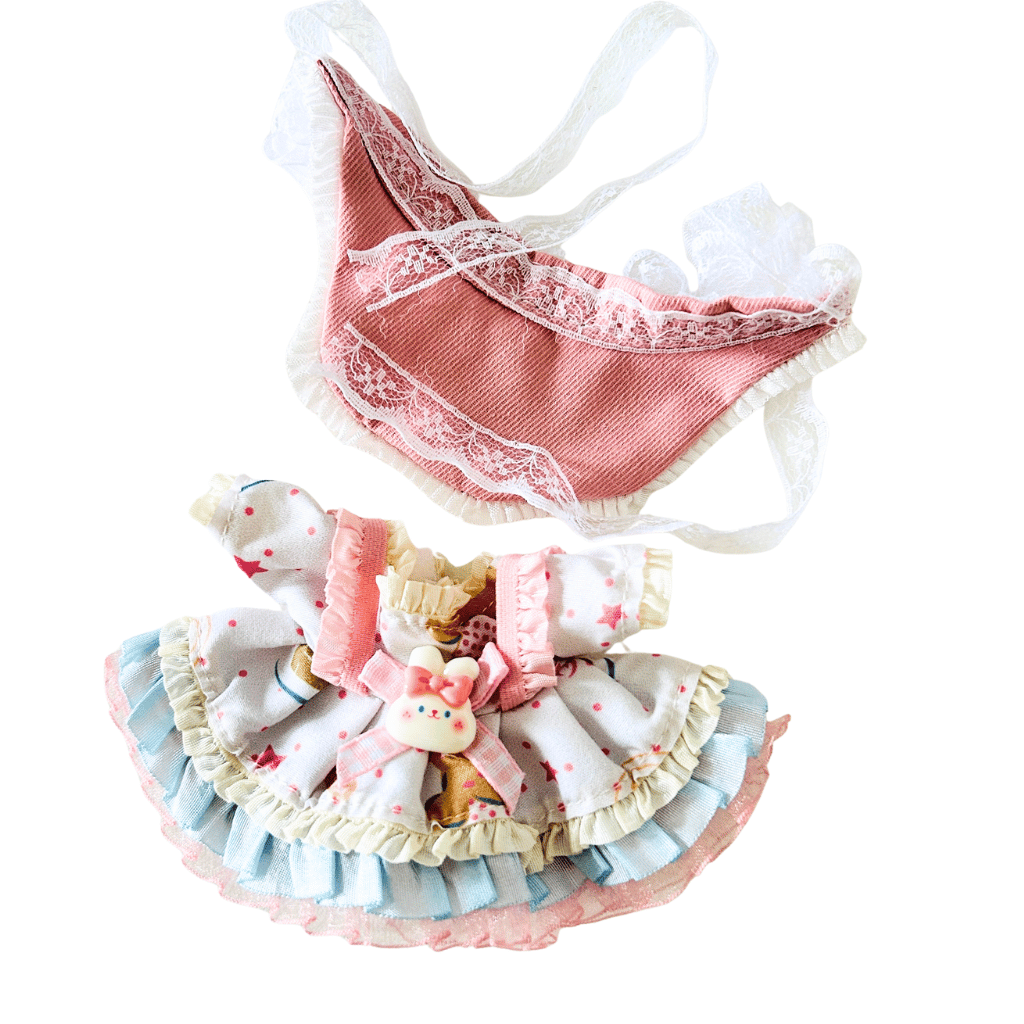 The back view of the clothing set that include pale blue and pink lolita dress with a bonnet.