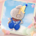 A back view Labubu wearing a clothing set of blue striped overalls and rainbow cone hat
