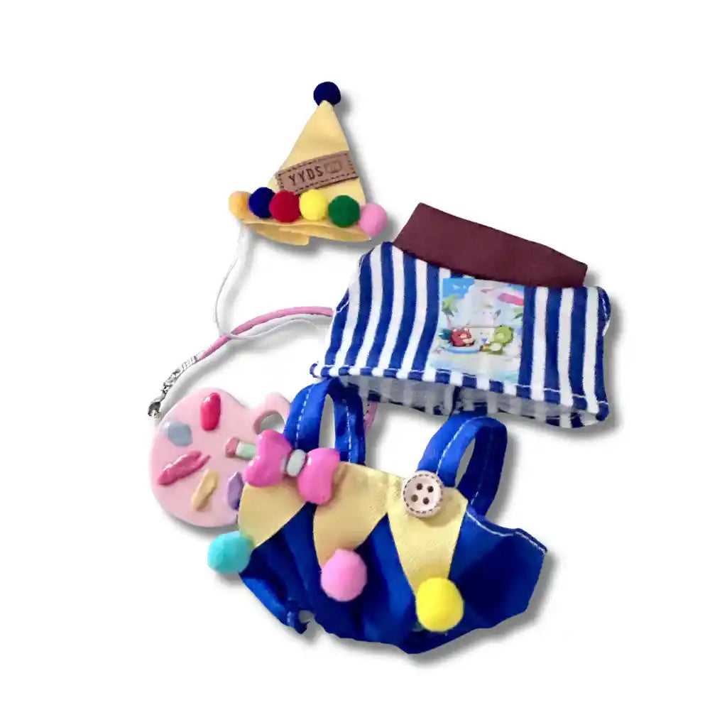The front view of the clothing set that include blue striped overalls and rainbow cone hat
