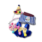The front view of the clothing set that include blue striped overalls and rainbow cone hat
