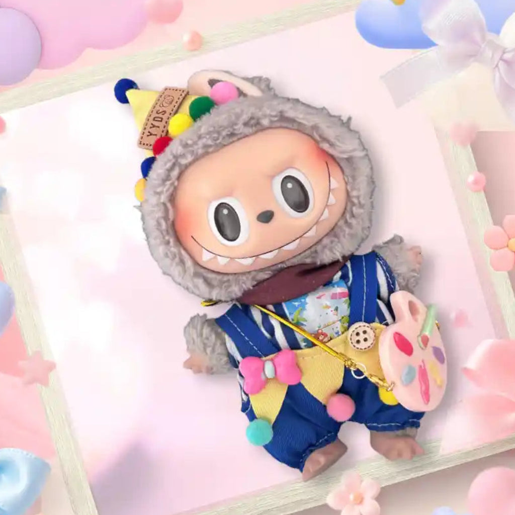 A front view Labubu wearing a clothing set of blue striped overalls and rainbow cone hat
