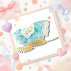 A back view Labubu wearing a clothing set of blue lace coquette ballgown with golden crown
