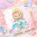 A front view Labubu wearing a clothing set of blue lace coquette ballgown with golden crown