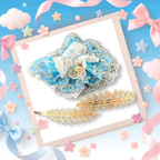 The back view of the clothing set that include blue lace coquette ballgown with golden crown
