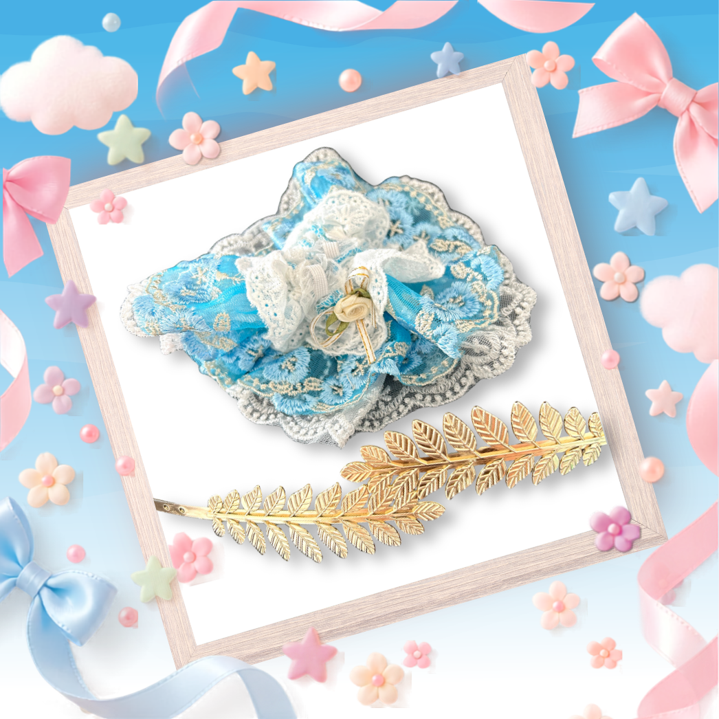 The back view of the clothing set that include blue lace coquette ballgown with golden crown