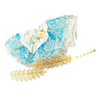 A back view Labubu wearing a clothing set of blue lace coquette ballgown with golden crown
