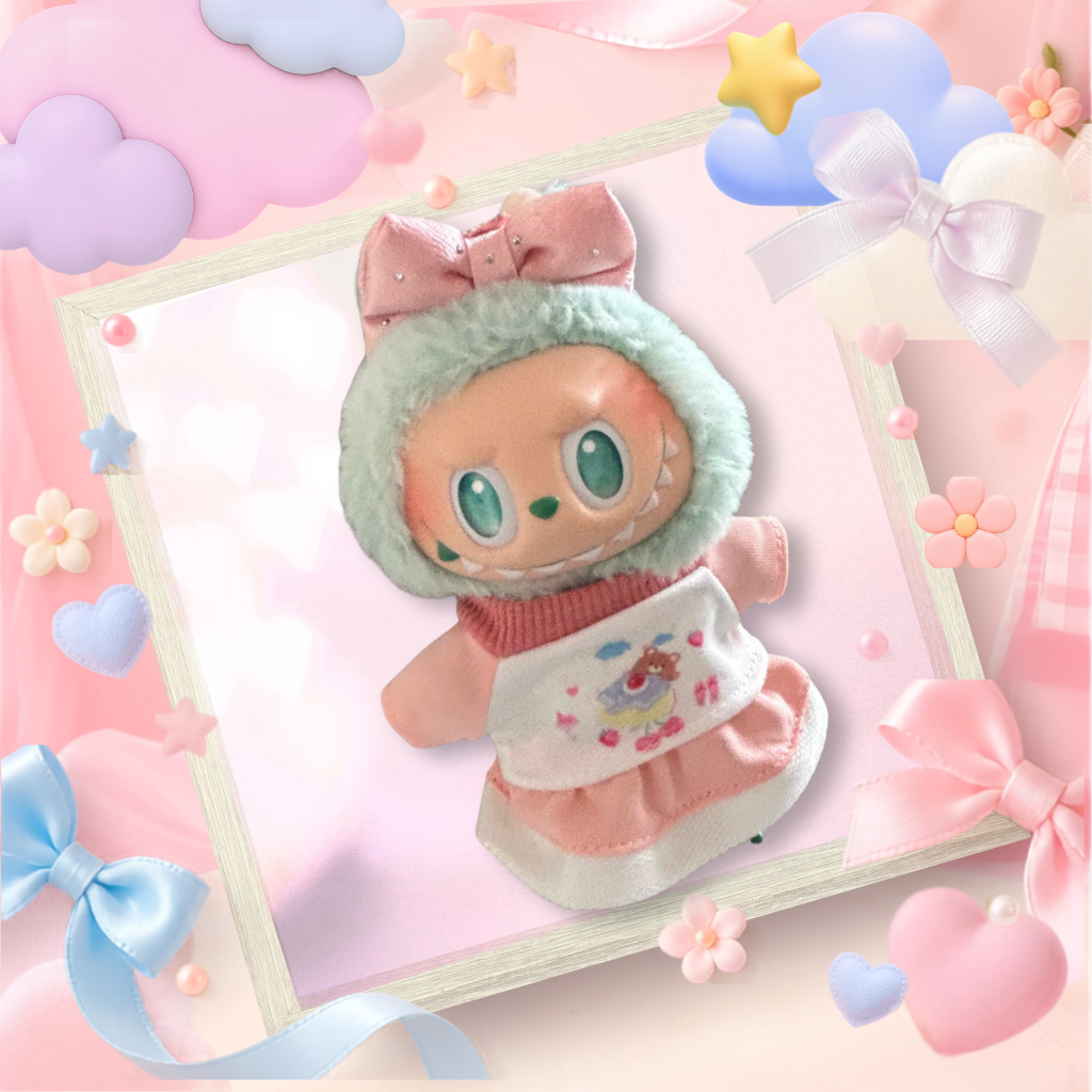 A back view Labubu wearing a clothing set of pink fleece dress with a teddy bear graphic top