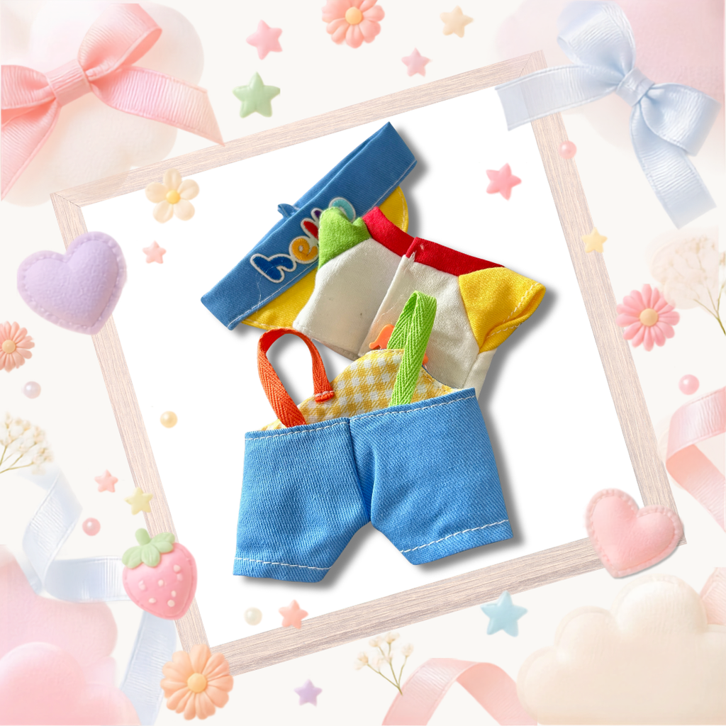 A back view Labubu wearing a clothing set of colorblock circus overalls and blue visor hat