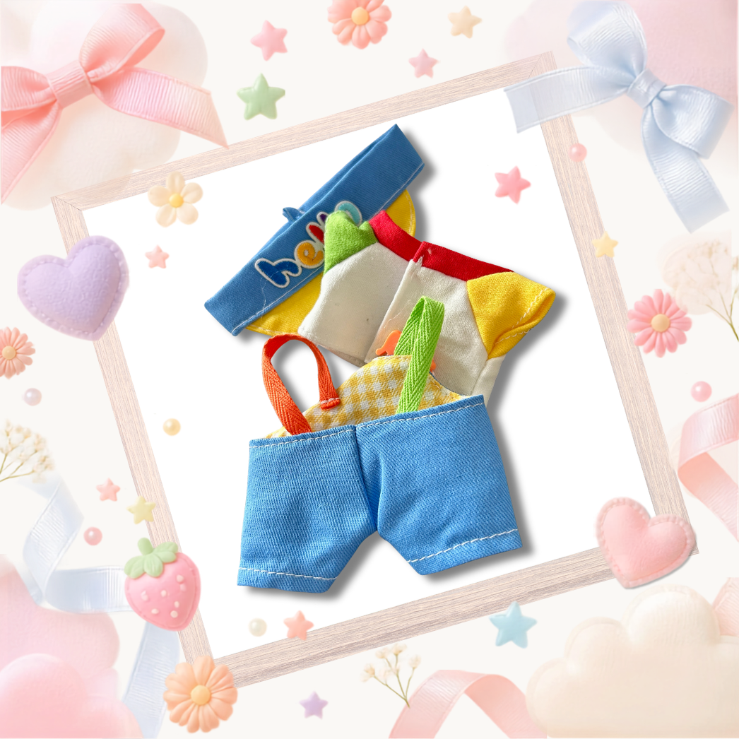 A back view Labubu wearing a clothing set of colorblock circus overalls and blue visor hat