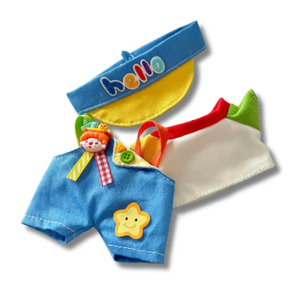 A back view Labubu wearing a clothing set of colorblock circus overalls and blue visor hat