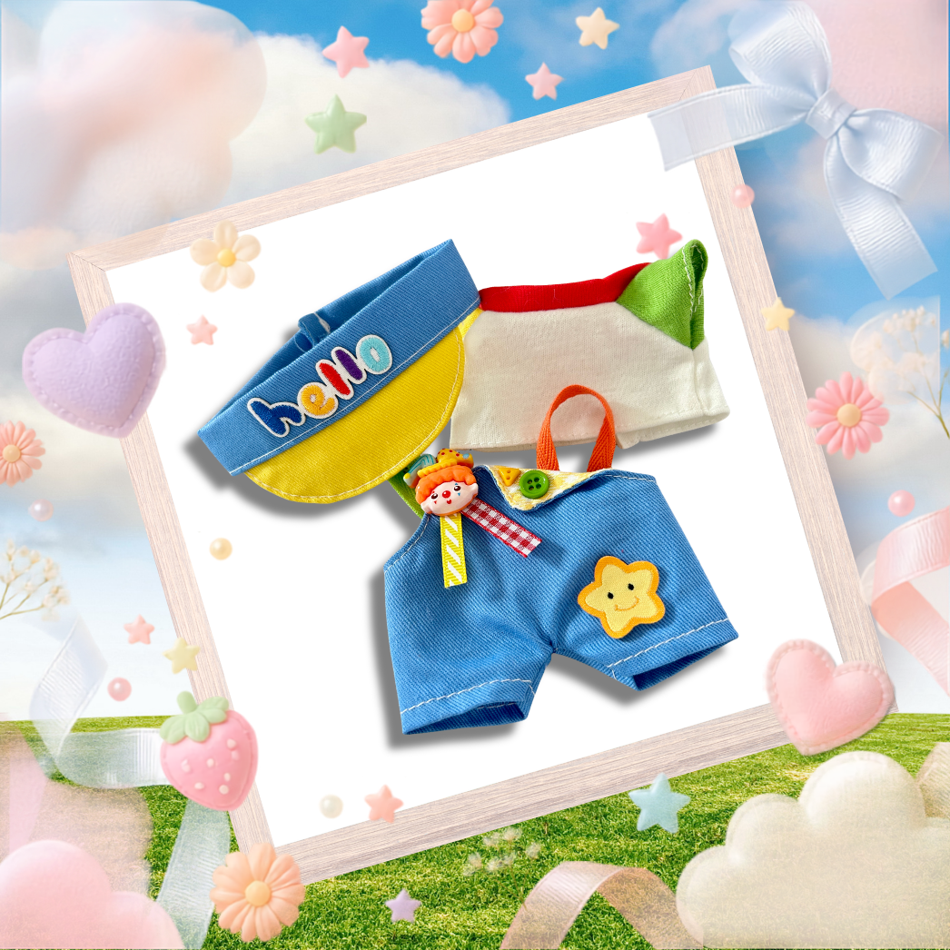 The front view of the clothing set that include colorblock circus overalls and blue visor hat