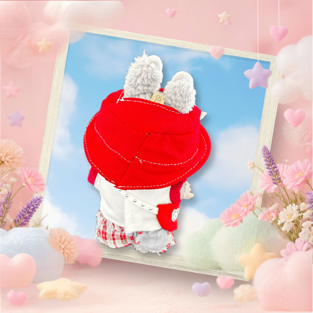 The back view of the clothing set that include red bucket hat, smiley graphic tee, plaid shorts