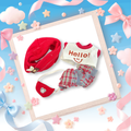 A front view Labubu wearing a clothing set of red bucket hat, smiley graphic tee, plaid shorts