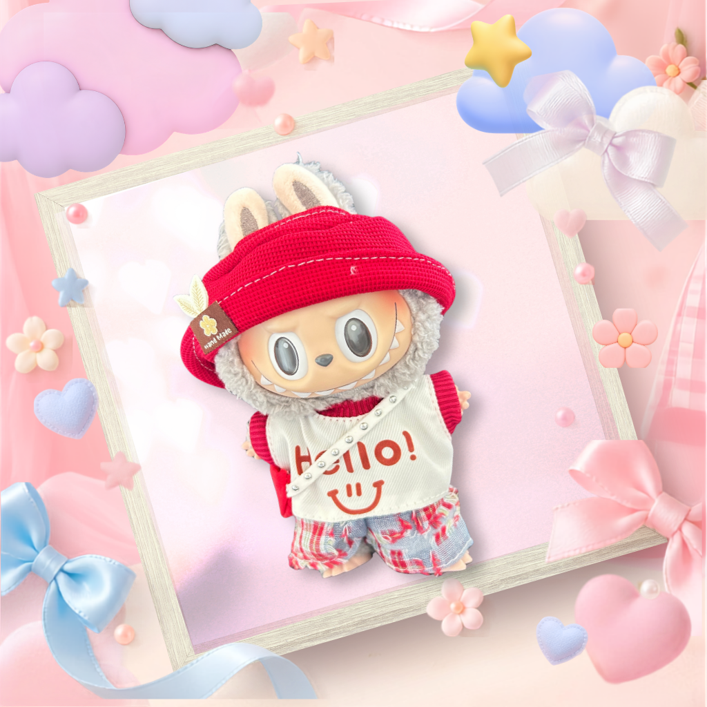 A back view Labubu wearing a clothing set of red bucket hat, smiley graphic tee, plaid shorts