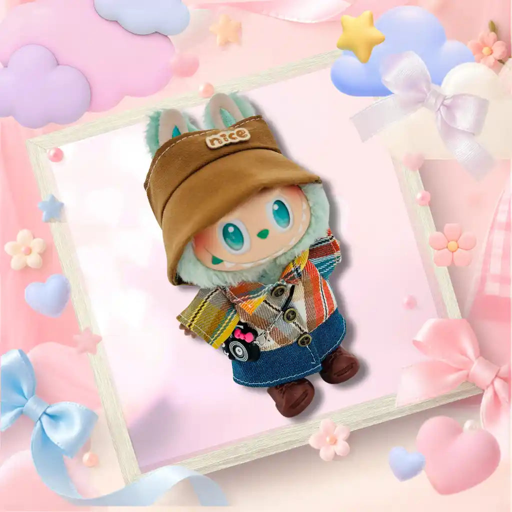 The front view of the clothing set that include plaid flannel shirt with camera charm.