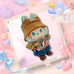The front view of the clothing set that include plaid flannel shirt with camera charm.