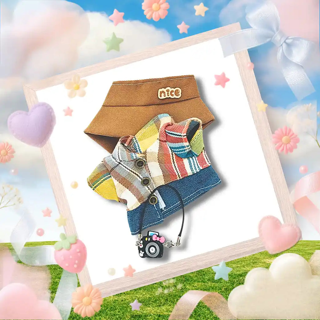 The front view of the clothing set that include plaid flannel shirt with camera charm.
