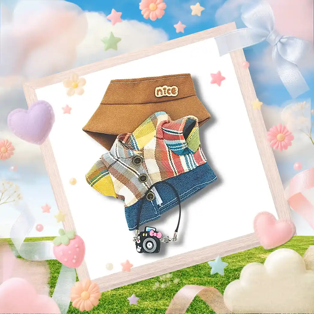 The front view of the clothing set that include plaid flannel shirt with camera charm.
