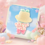 The back view of the clothing set that include strawberry shirt, trousers, and straw hat