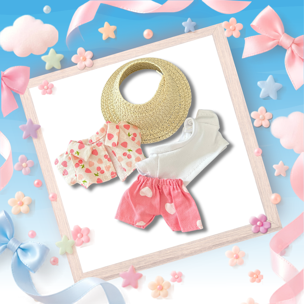 The front view of the clothing set that include strawberry shirt, trousers, and straw hat