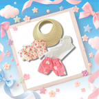 The front view of the clothing set that include strawberry shirt, trousers, and straw hat