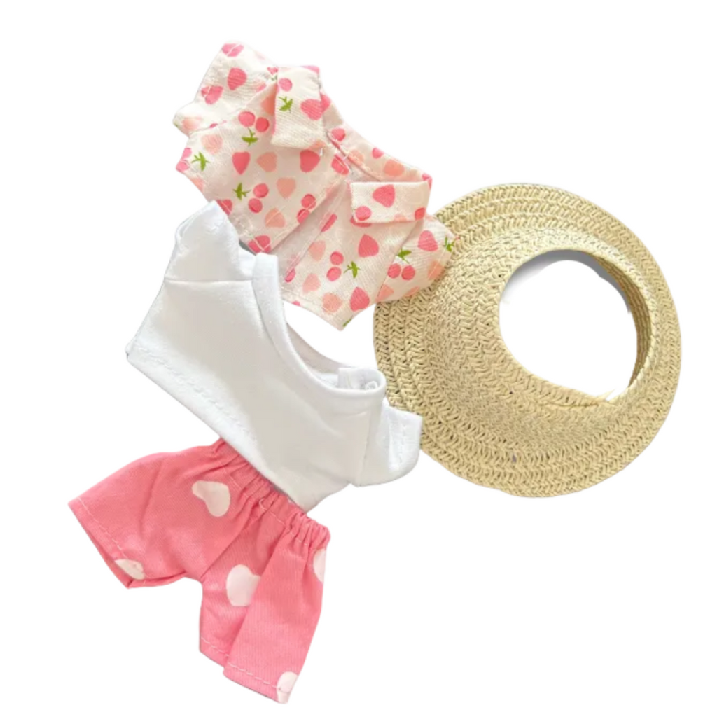 The back view of a Labubu wearing the clothing set that include strawberry shirt, trousers, and straw hat