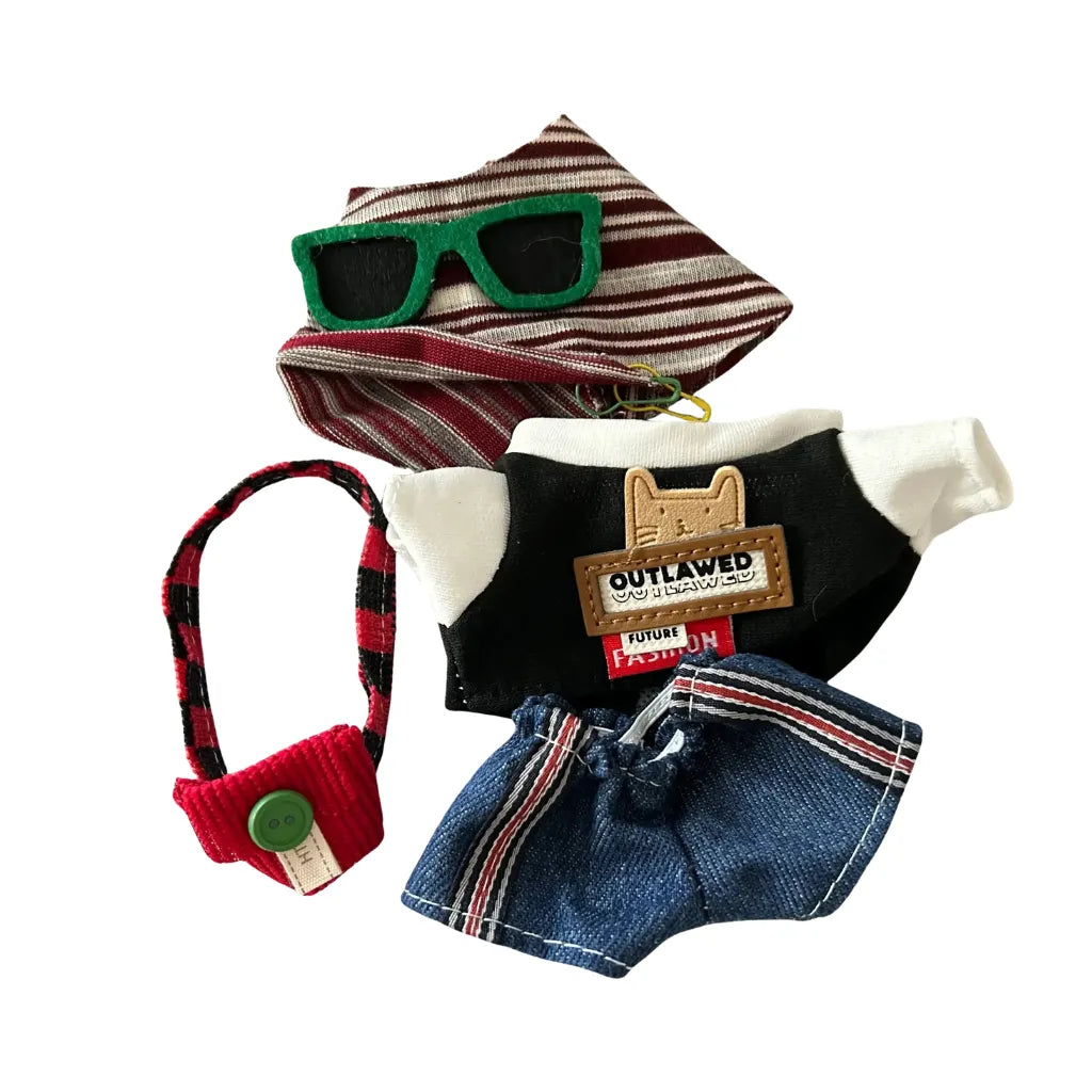 The back view of the clothing set that include black graphic tee, denim shorts, and red beanie