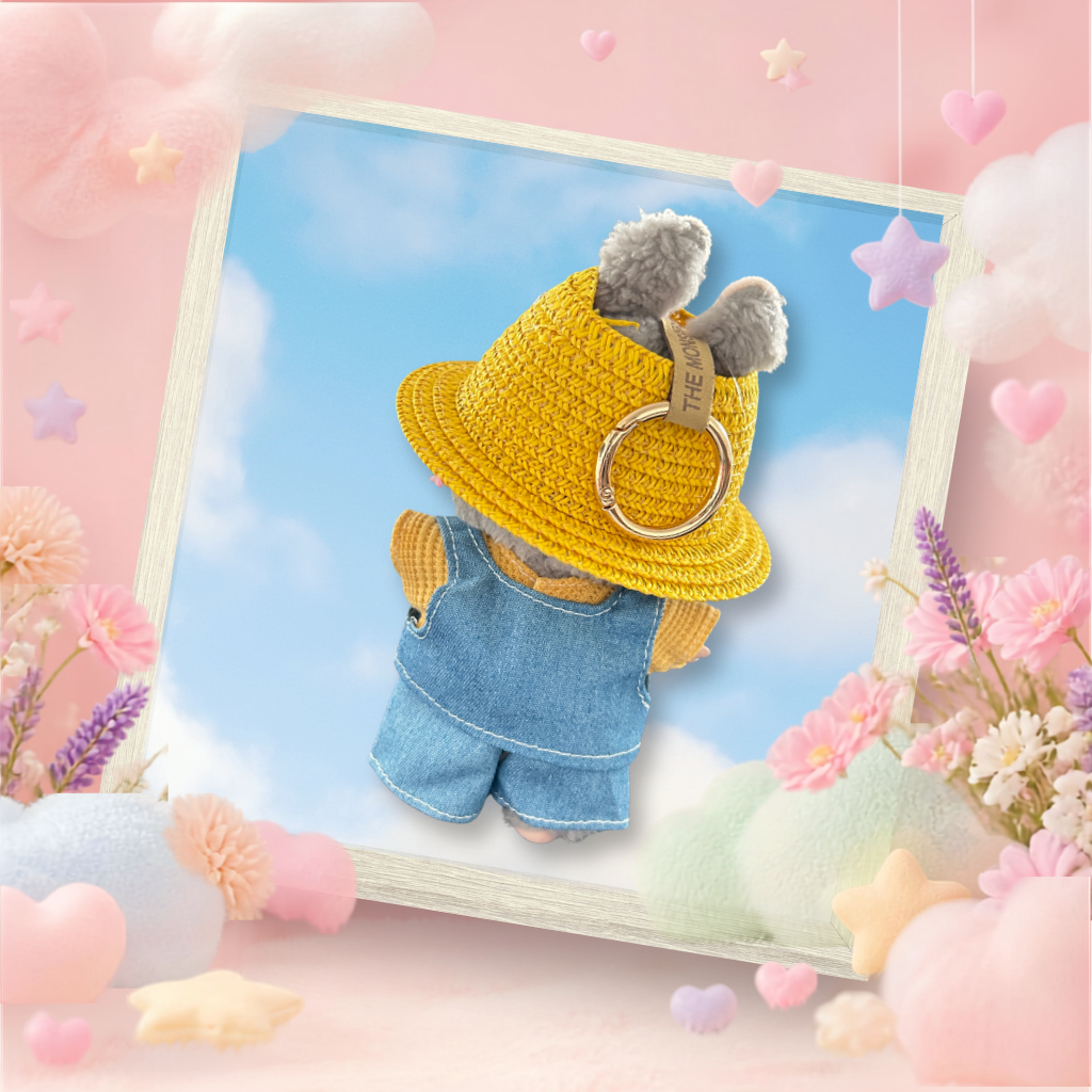 A back view Labubu wearing a clothing set of blue denim vest, yellow top, and straw hat