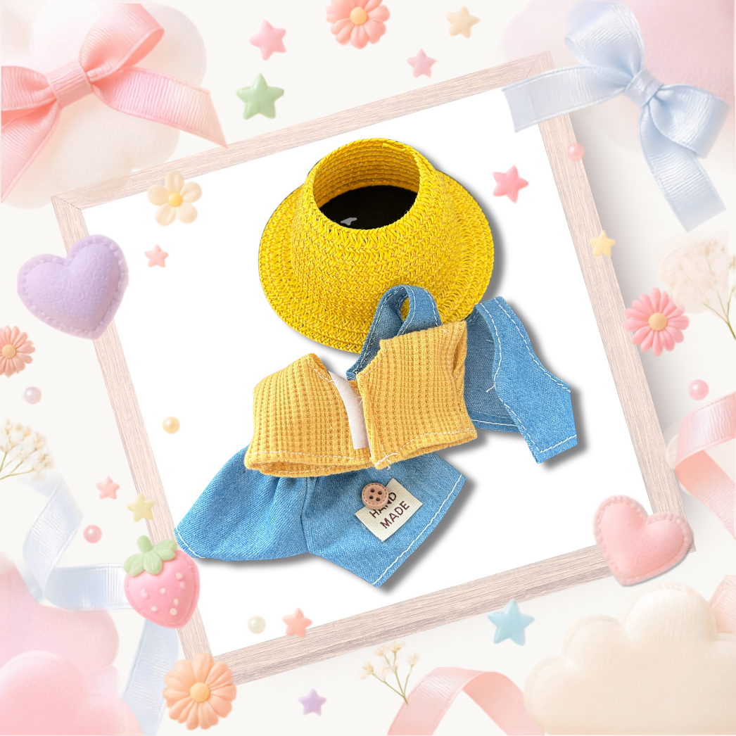 The front view of the clothing set that include blue denim vest, yellow top, and straw hat