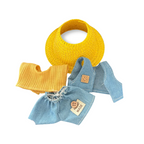 A front view Labubu wearing a clothing set of blue denim vest, yellow top, and straw hat