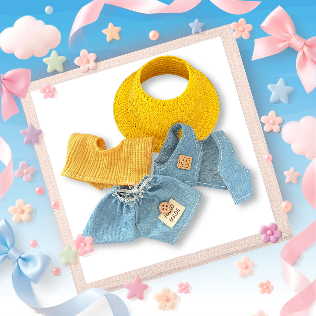 A front view Labubu wearing a clothing set of blue denim vest, yellow top, and straw hat