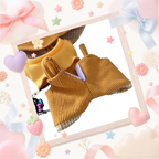 A back view Labubu wearing a clothing set of yellow corduroy overalls and gingham bucket hat