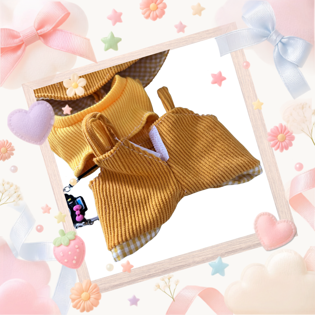 A back view Labubu wearing a clothing set of yellow corduroy overalls and gingham bucket hat