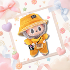 The front view of the clothing set that include yellow corduroy overalls and gingham bucket hat