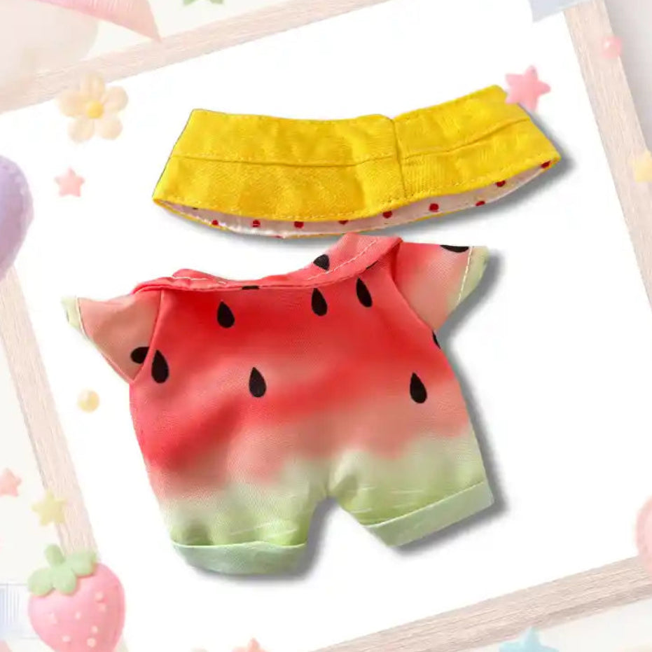 The back view of the clothing set that include green watermelon romper and embroidered bucket hat
