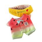 A two-piece pet outfit set featuring a watermelon themed romper and embroidered bucket hat.
