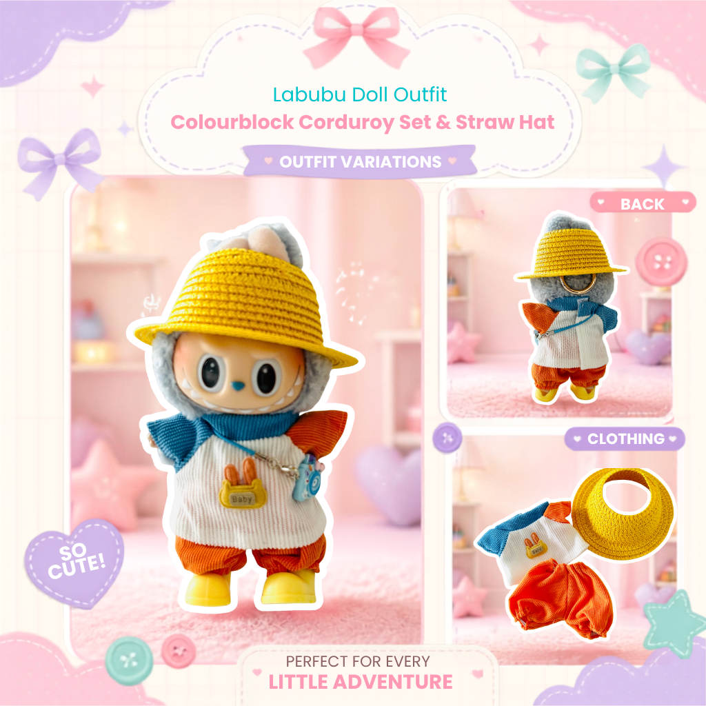  A front view Labubu wearing a clothing set of colorblock corduroy outfit and yellow straw hat.