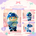 A front view Labubu wearing a clothing set of blue denim overalls and rainbow patch cap