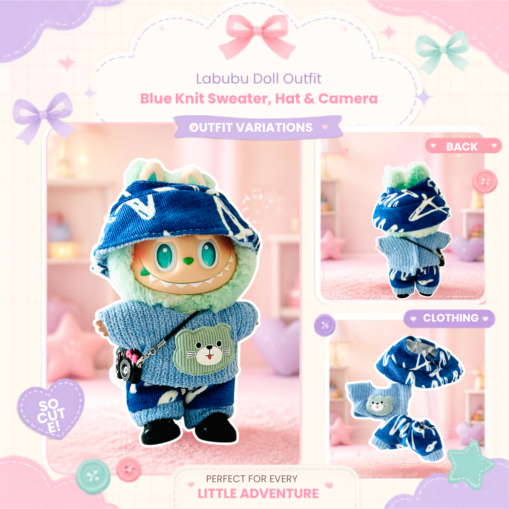 A front view Labubu wearing a clothing set of blue denim overalls and rainbow patch cap
