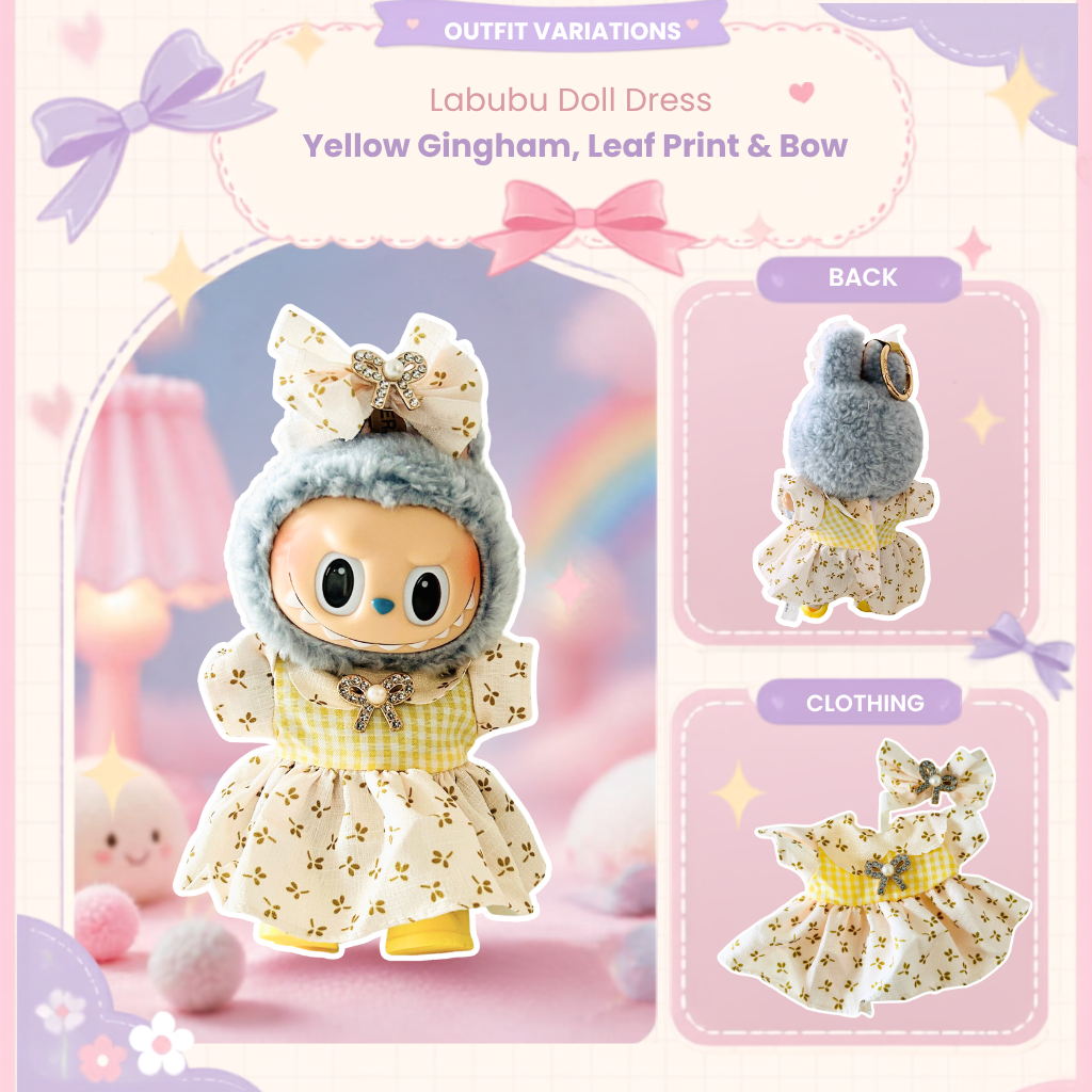 Labubu Doll Dress outfit variation graphic showing a plush doll in a yellow gingham dress with leaf print, and a large bow headband. 