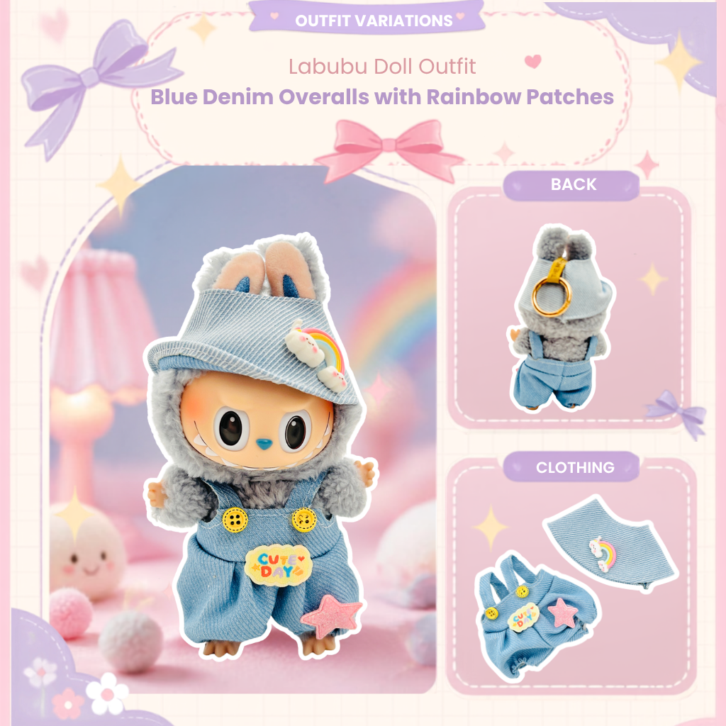 A pastel promotional graphic for a Labubu doll outfit showing blue denim overalls with rainbow patches, plus inset views of the back and a separate matching top. 