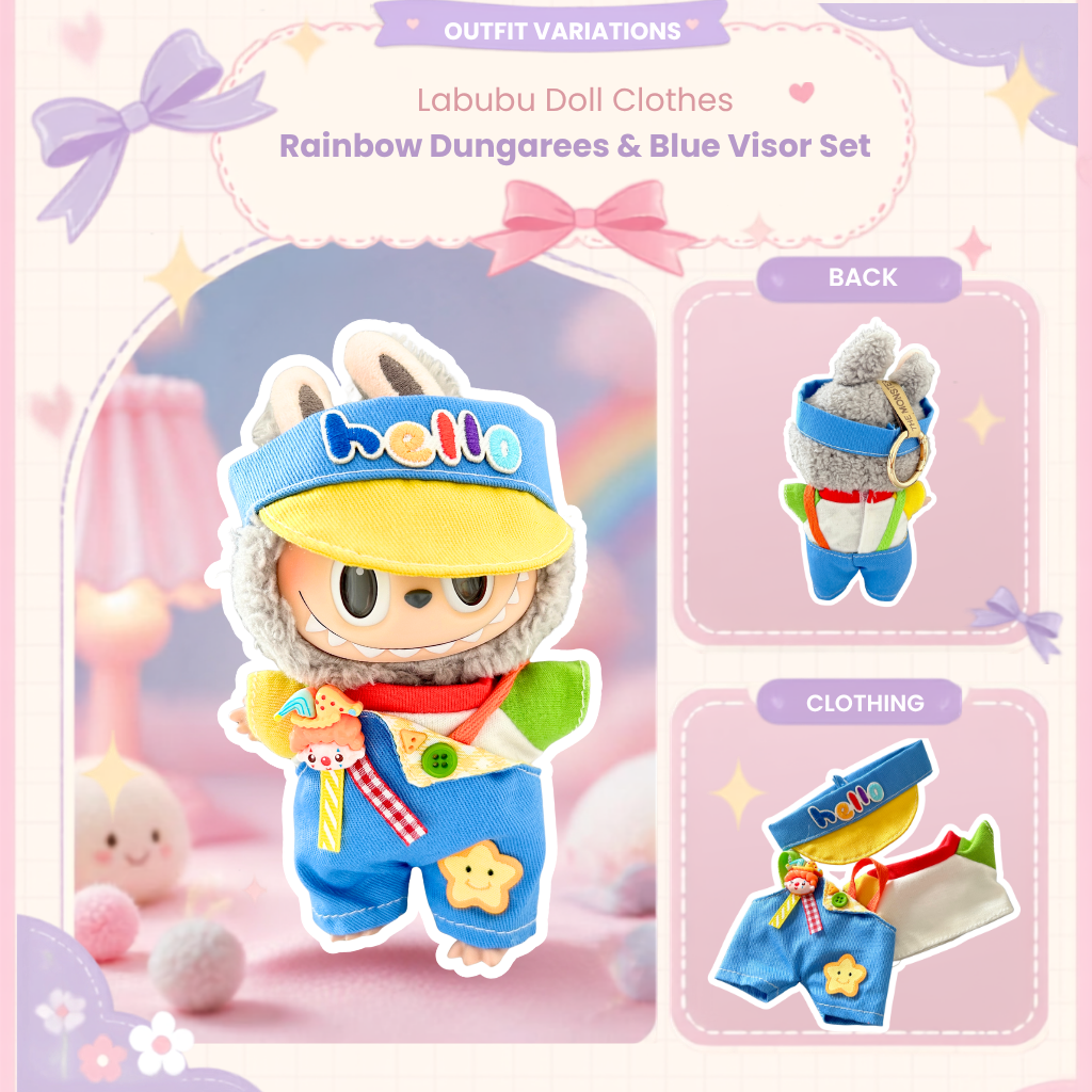 A front view Labubu wearing a clothing set of colorblock circus overalls and blue visor hat