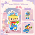 A front view Labubu wearing a clothing set of colorblock circus overalls and blue visor hat