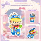 A front view Labubu wearing a clothing set of colorblock circus overalls and blue visor hat