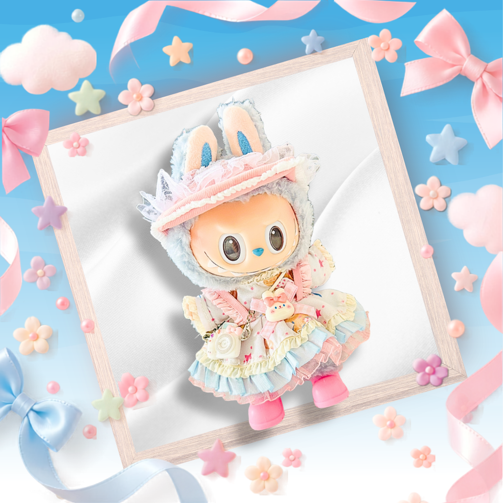 A front view Labubu wearing a clothing set of pale blue and pink lolita dress with a bonnet.