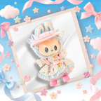 A front view Labubu wearing a clothing set of pale blue and pink lolita dress with a bonnet.