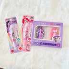 My Little Pony-themed stationery, a boxed set containing two collectible 3D-style erasers, and two packaged rainbow-colored mechanical pencil.