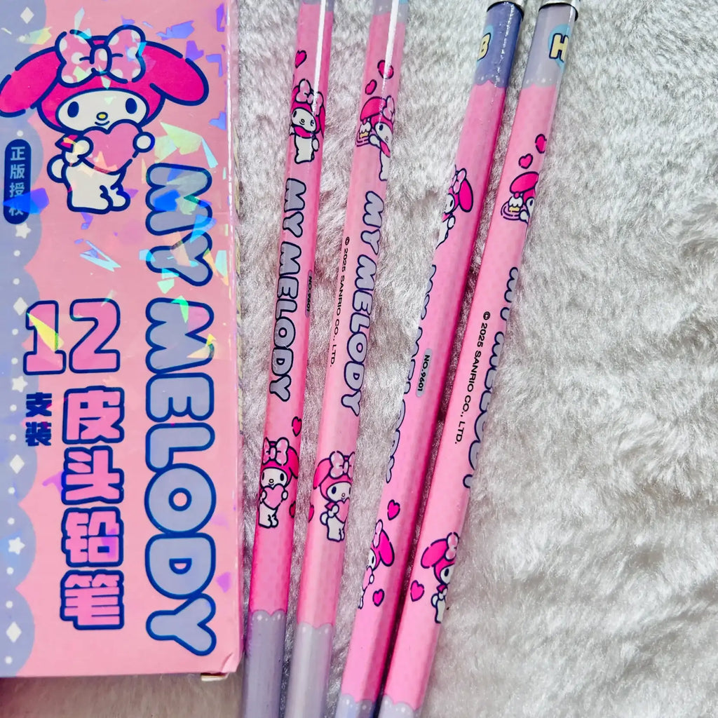Sanrio HB Triangular Pencils with Eraser Toppers – 12-Piece Kawaii Stationery Box (Kuromi, My Melody, Hello Kitty)