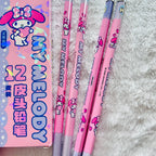 Sanrio HB Triangular Pencils with Eraser Toppers – 12-Piece Kawaii Stationery Box (Kuromi, My Melody, Hello Kitty)